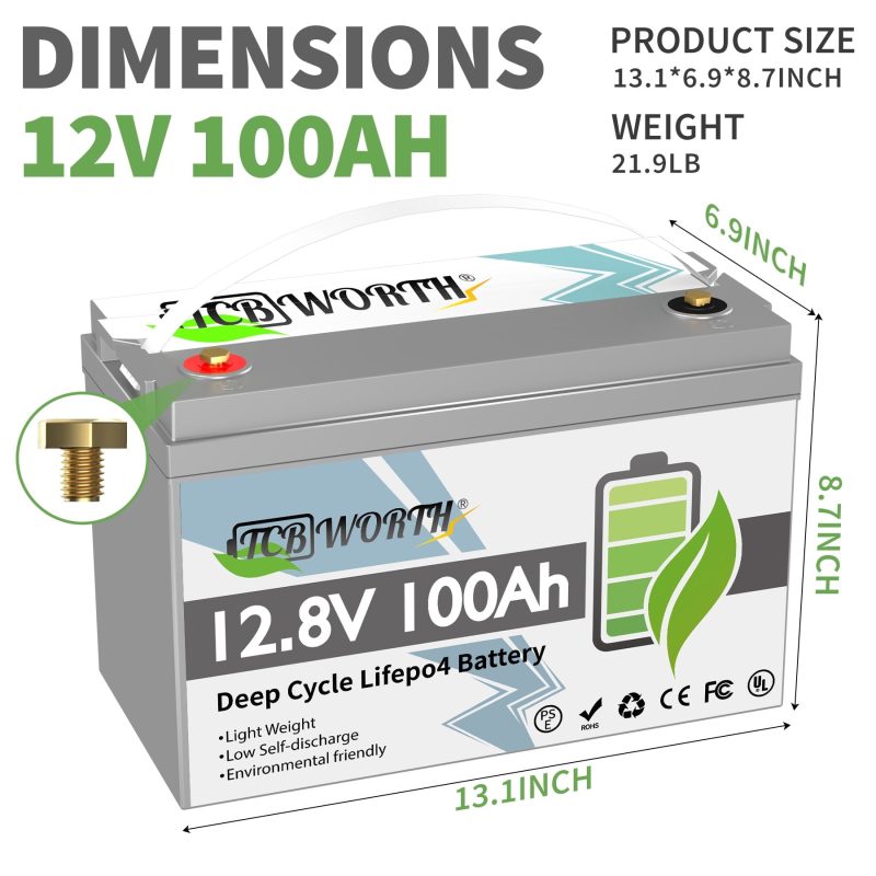 LiFePO4 Battery 12V 100Ah with 10A Charger,TCBWORTH Battery,100A BMS,10000+Cycles, for RV,Solar - Image 2