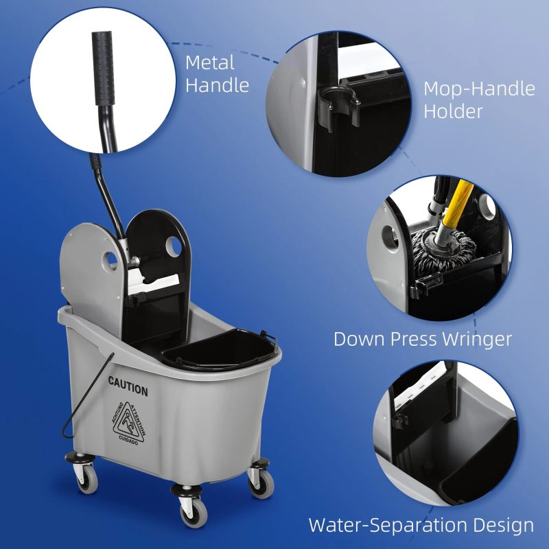 HOMCOM 9.5 Gallon (38 Quart) Mop Bucket with Wringer Cleaning Cart, 4 Moving Wheels, 2 Separate Buckets, & Mop-Handle Holder, Grey - Image 5