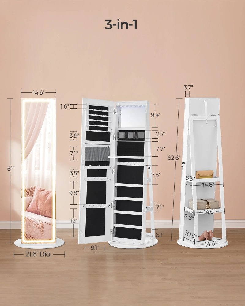 SONGMICS LED Mirror Jewelry Cabinet Standing Jewelry Armoire Organizer Box with Full-Length Mirror and Adjustable LED Lights White - Image 4