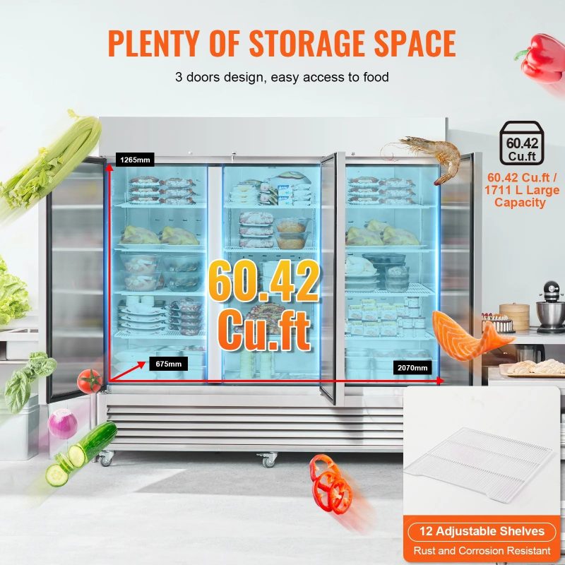 SKYSHALO Commercial Freezer 60.42 Cu.ft Reach In Upright Freezer 3 Doors 12 Shelves - Image 4