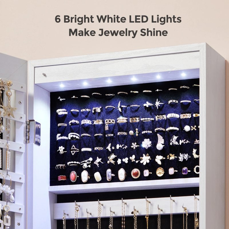 SONGMICS Hanging Mirror Jewelry Cabinet Wall or Door Mounted Jewelry Armoires with LED Interior Lights Jewelry Organizer Box Holder Full-Length Mirror White - Image 4