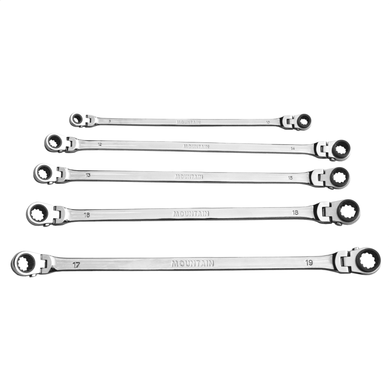 Mountain 5-Piece Metric Double Box Universal Spline Reversible Ratcheting Wrench Set; 8 mm - 18mm, 90 Tooth Design, Long, Flexible, Reversible