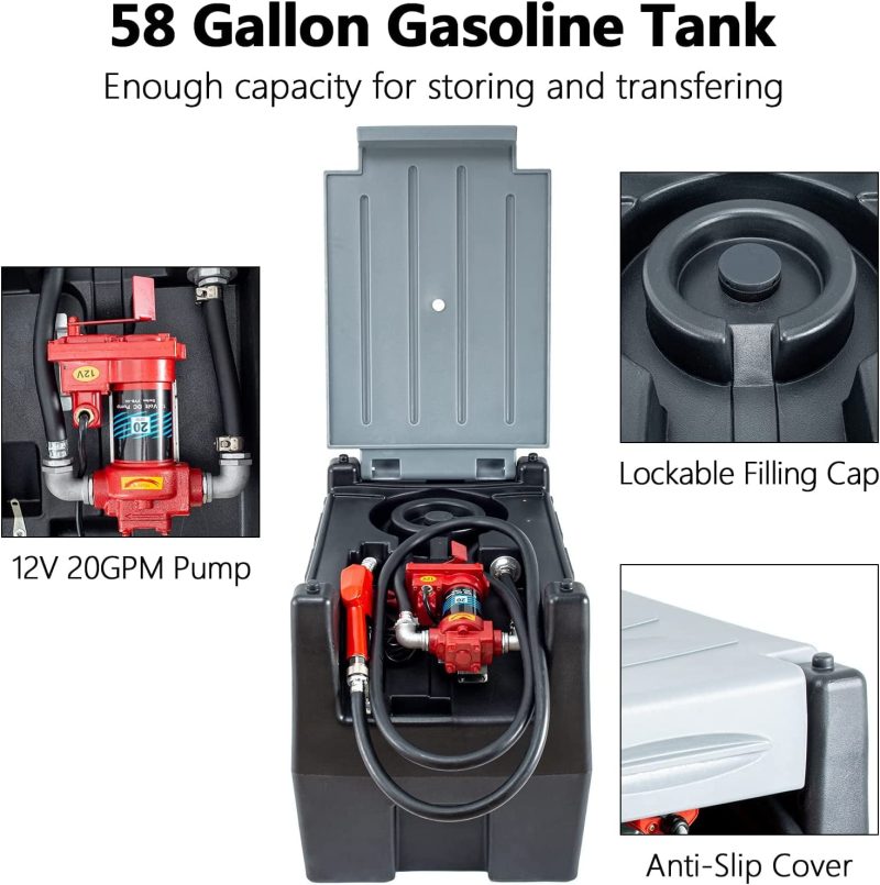 TECSPACE 58 Gallon Gasoline Tank, Portable Fuel Tank with 12V Electric Fuel Transfer Pump, 40 GPM Gasoline Fuel Tank with 4 Meters Hose for Gasoline Transportation (Black, 58 gal) - Image 6