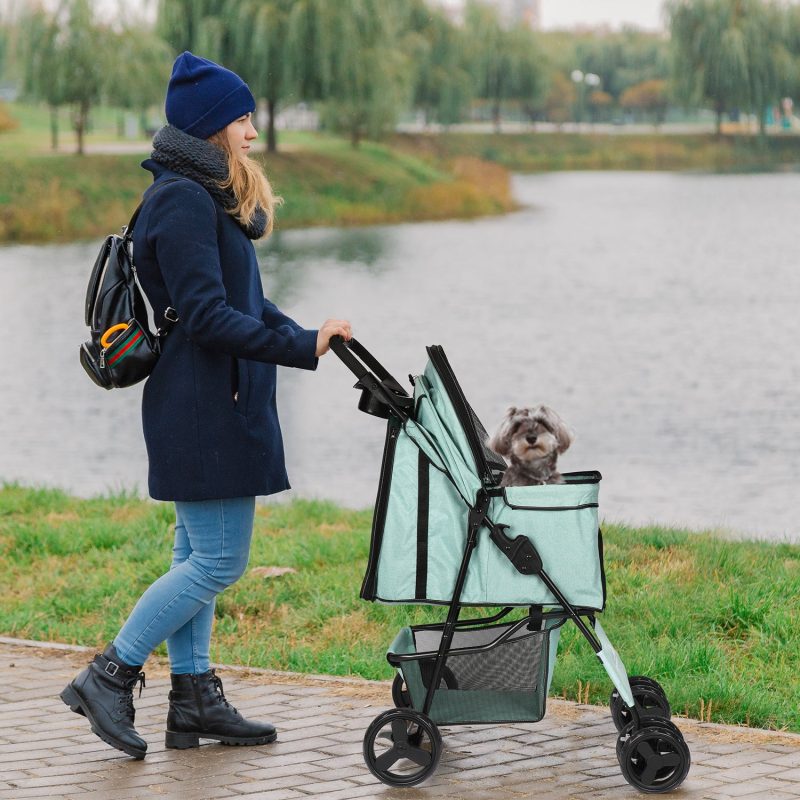 4 Wheel Dog Stroller, Wedyvko Foldable Pet Stroller with Storage Basket and Cup Holder for Small Medium Dogs & Cats (Blue-green) - Image 3