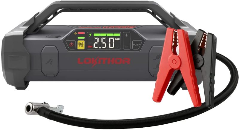 Lokithor Jump Starter 2000Amp 20000mAh 12V Car Battery Booster Pack for Upto 8L Gas or 6L Diesel, 150 PSI Air Compressor with Damping Technology,Portable Power Bank with Handle Bar and Emergency Light - Image 2