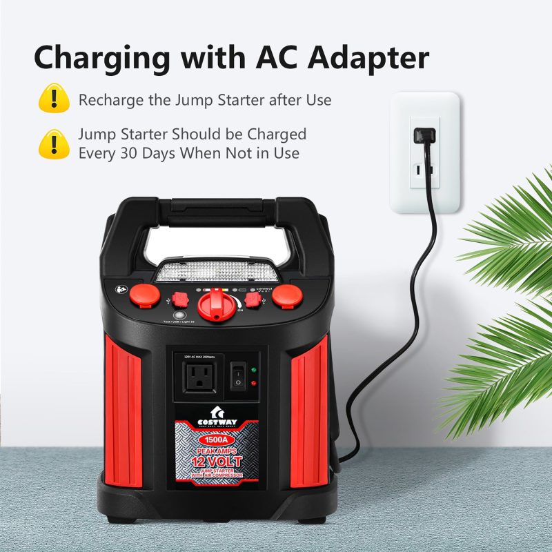 Costway Jump Starter 1500A peak Air Compressor Power Bank Charger w/ LED Light & DC Outlet - Image 8