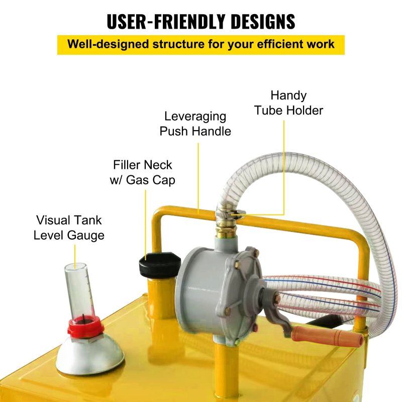 VEVOR 35 Gallon Gas Caddy, Fuel Storage Tank with 4 Wheels, Portable Fuel Caddy with Manuel Transfer Pump, Gasoline Diesel Fuel Container for Cars, Lawn Mowers, ATVs, Boats, More, Yellow - Image 4