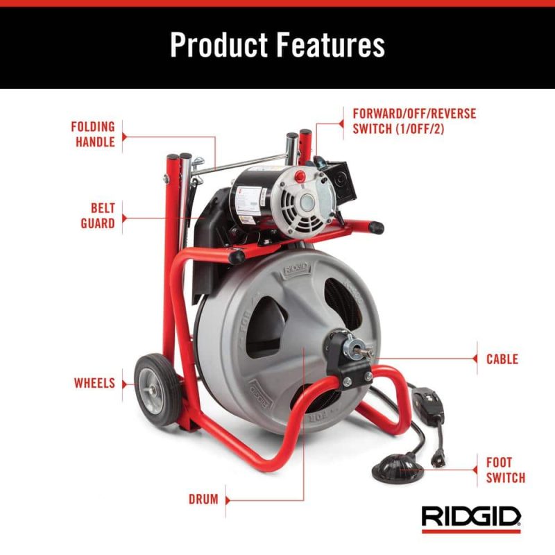 K-400 Drain Cleaning Snake Auger 120-Volt Drum Machine with C-32IW 3/8 in. x 75 ft. Cable + 4-Piece Tool Set & Gloves 52363 - Image 7