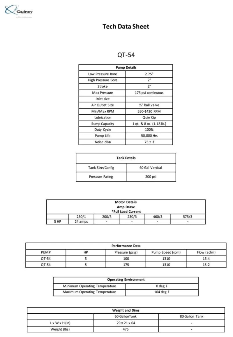 Quincy QT-54 2Stage Reciprocating Air Compressor 5HP 230V 1 Phase 60-Gallon Vertical Model 2V41C60VC - Image 4