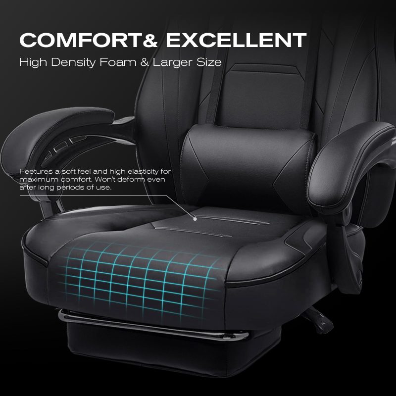 LUCKRACER Computer Gaming Chair with Footrest, Ergonomic Big and Tall Gamer Chair PU Leather Swivel Lumbar Support Racing Style E-Sports Game Chairs by GTRACING (Black) - Image 3