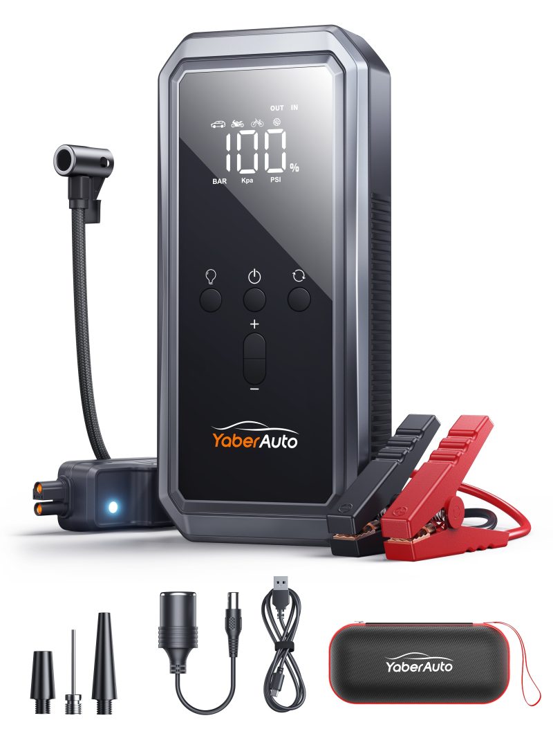 Car Jump Starter with Air Compressor 3000A 150PSI (9.0L Gas/8.0L Diesel)Portable Car Battery Jump Starter with Tire Inflator 12V DC PSU Jump Box Extended Jumper Cables Large LCD Display 300Lumen Light