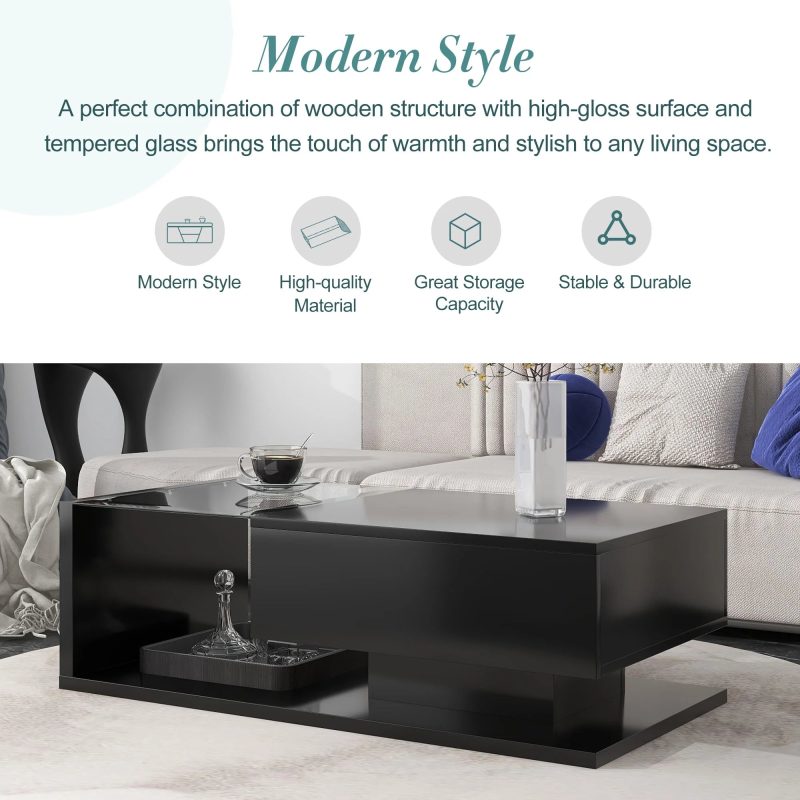 JQCX Modern Coffee Table with Tempered Glass,Wooden Cocktail Table with High-gloss UV Surface,2-Tier Rectangle Center Table for Living Room - Image 3