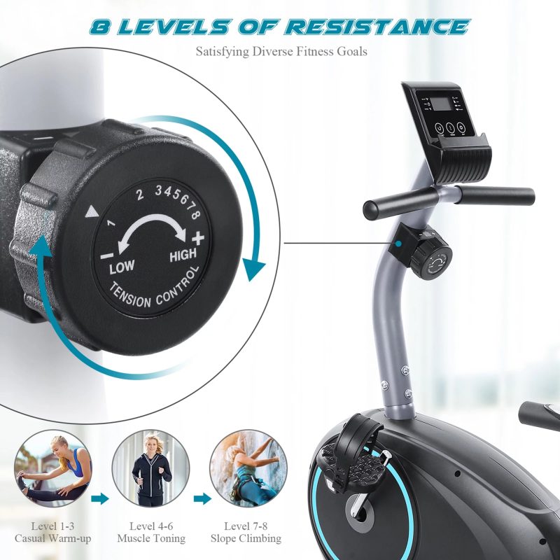 MARNUR Recumbent Exercise Bike with 8 Levels Adjustable Resistance, LCD Monitor, Pad Holder, Wheels - Image 5