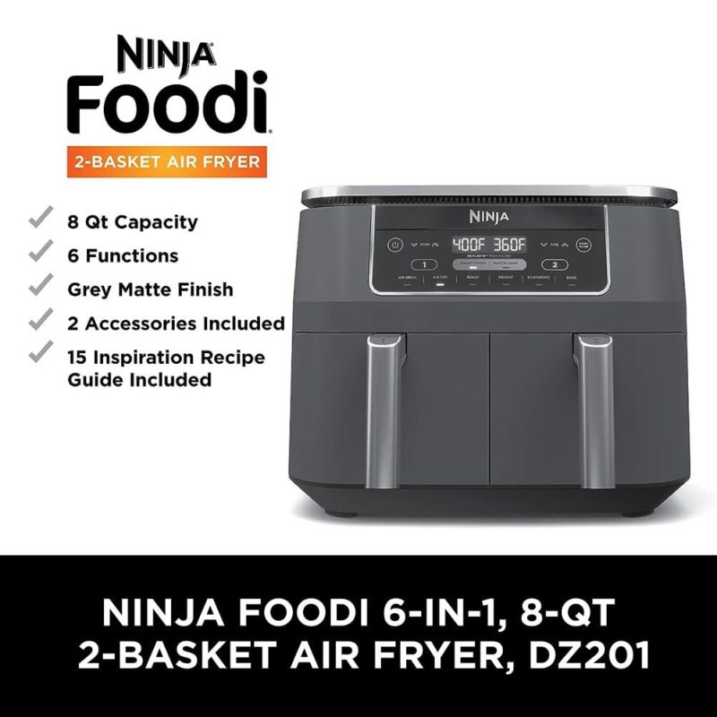 Ninja DZ201 Foodi 8 Quart 6-in-1 DualZone 2-Basket Air Fryer with 2 Independent Frying Baskets, Match Cook & Smart Finish to Roast, Broil, Dehydrate & More for Quick, Easy Meals, Grey - Image 10