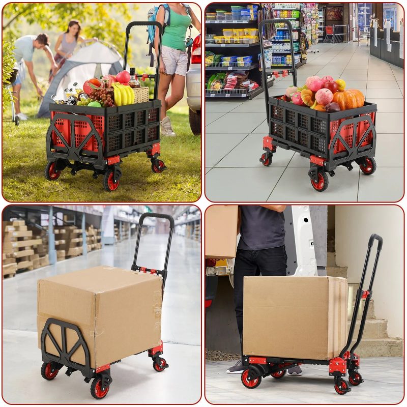 LAZY BUDDY Folding Hand Truck Dolly, 2-in-1 Heavy-duty Platform Cart with 22" Folding Basket, Collapsible Utility Luggage Dolly Cart, Red, 330LBS - Image 5