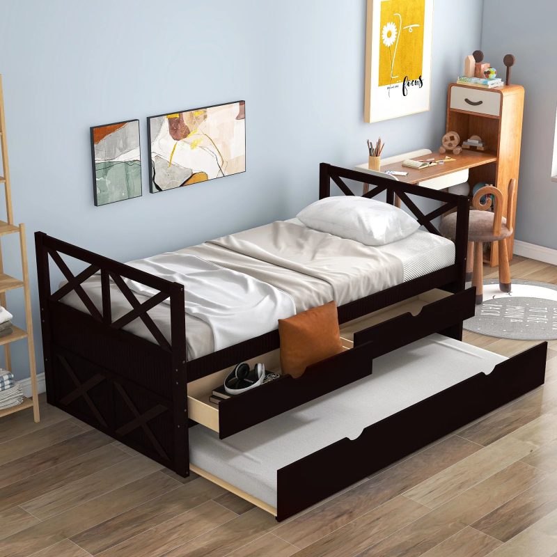 Captain Wood Bed with Trundle and Drawers, Twin for Kids Bedroom, Brown - Image 13