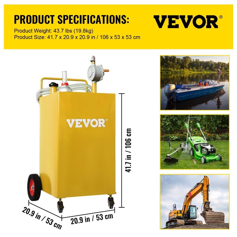 VEVOR 35 Gallon Gas Caddy, Fuel Storage Tank with 4 Wheels, Portable Fuel Caddy with Manuel Transfer Pump, Gasoline Diesel Fuel Container for Cars, Lawn Mowers, ATVs, Boats, More, Yellow - Image 7