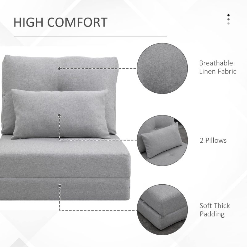 HOMCOM Convertible Flip Chair, Floor Lazy Sofa, Folding Upholstered Couch Bed with Adjustable Backrest, Metal Frame and Pillows for Living Room Bedroom, Light Grey - Image 6