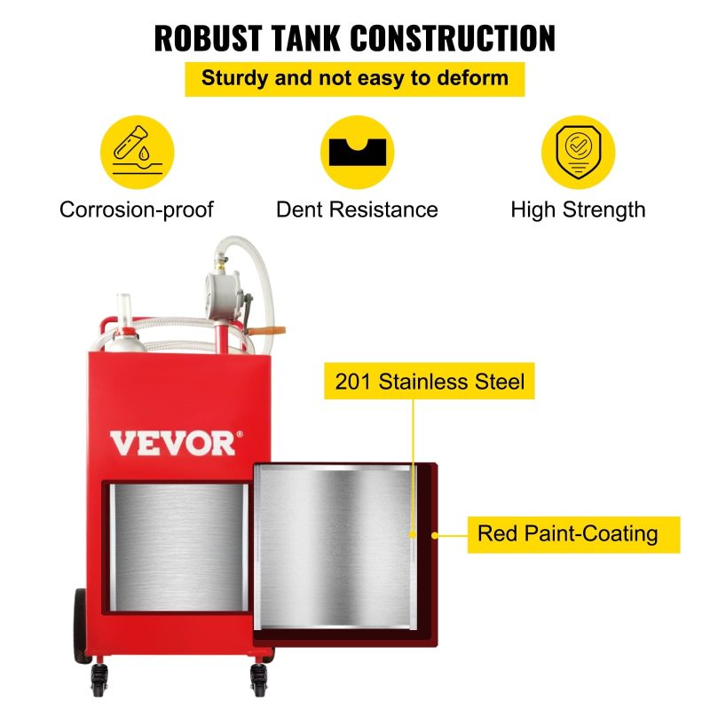 VEVOR 30 Gallon Fuel Caddy, Gas Storage Tank & 4 Wheels, with Manuel Transfer Pump, Gasoline Diesel Fuel Container for Cars, Lawn Mowers, ATVs, Boats, More, Red - Image 5