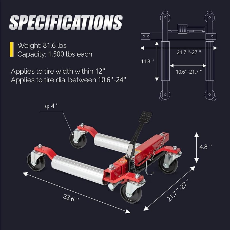 TUFFIOM Car Wheel Dolly Jack Set of 2, Hydraulic 1500-lbs Car Skates, 12'' Wheel Vehicle Positioning Jack, Heavy Duty Rollers with Foot Pedal for Tire Auto Repair Moving, Red/ Blue - Image 13