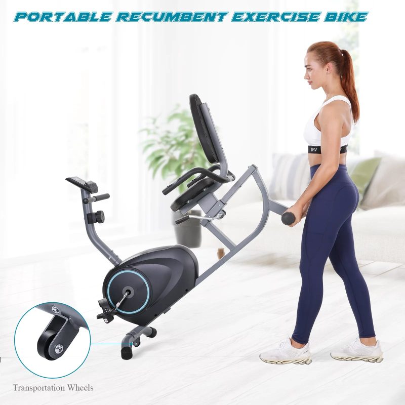 MARNUR Recumbent Exercise Bike with 8 Levels Adjustable Resistance, LCD Monitor, Pad Holder, Wheels - Image 7