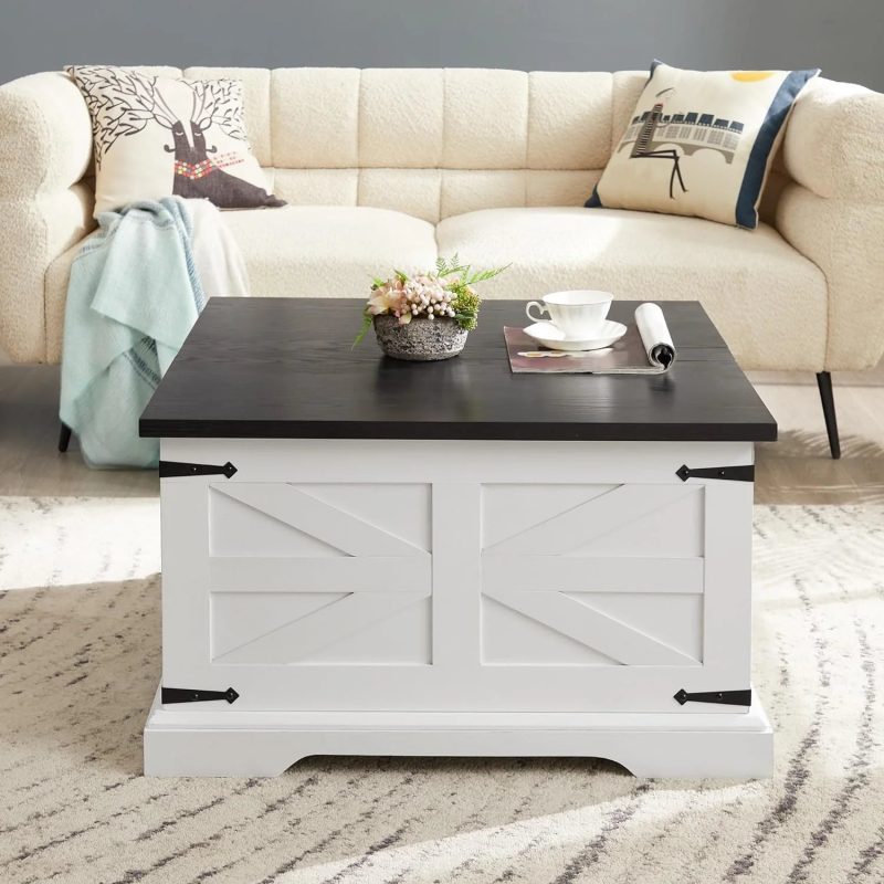 Farmhouse Coffee Table, Square Cocktail Table with Hidden Storage, Barn Panel Design and Hinged Lift Top, Center Table Decorated with Retro-Styled Metal Accents, White - Image 7