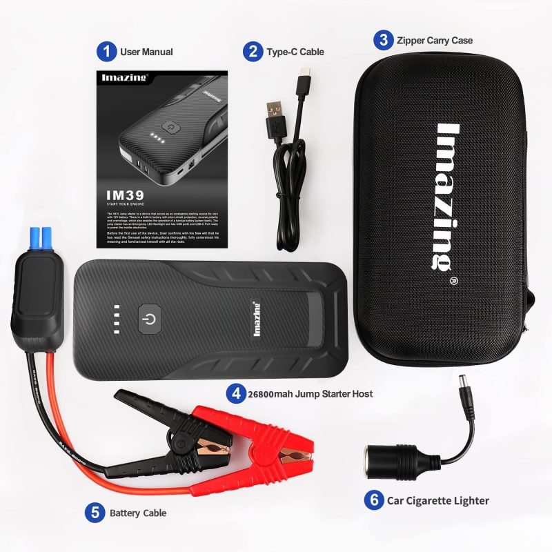 Imazing Jump Starter 4000A Peak (Up to ALL Gas or 10.0L Diesel Engine), Power Bank 26800mAh with Type-C Port , QC 3.0 and LED Light ,Portable Carry Case - Image 8