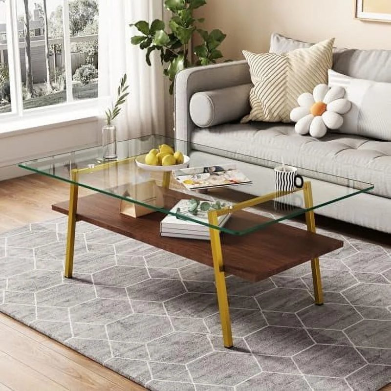 MQLIFEBOOM Glass Coffee Table Mid Century 2 Tier Rectangle Accent Table Tempered Glass Top & Wood Center Table for Living Room Apartment Small Space (Brown Glass/Coffee Brown)