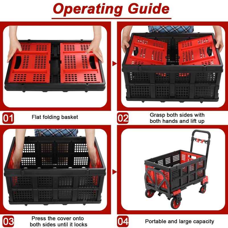 LAZY BUDDY Folding Hand Truck Dolly, 2-in-1 Heavy-duty Platform Cart with 22" Folding Basket, Collapsible Utility Luggage Dolly Cart, Red, 330LBS - Image 7