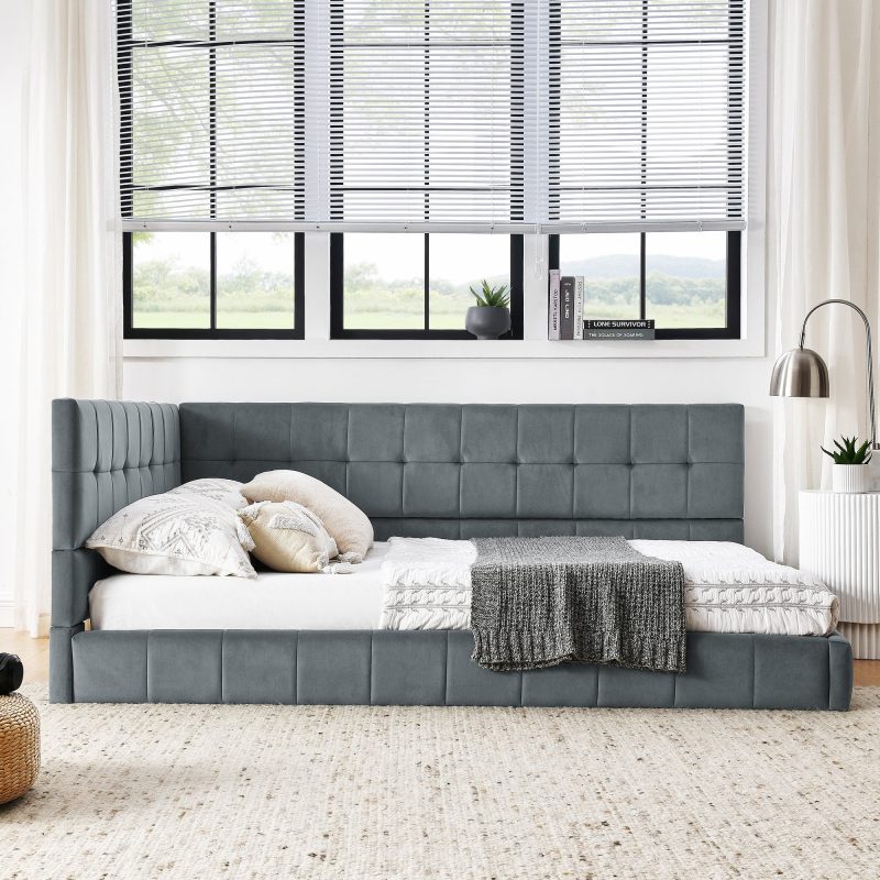 Full Size Upholstered Tufted Bed Frame with Comfortable Backrest and Armrests, Velvet Sofa Bed for Bedroom or Living Room, Grey (80.5'' x 59'' x 30.5'') - Image 3