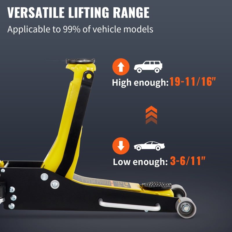 BENTISM Low Profile Floor Jack 3 ton (6600 lbs), Aluminum and Steel Hydraulic Racing Floor Jack, Dual Piston Quick Lift Pump, 19-11/16"-3-6/11" Height Lifting Range, Yellow+Black - Image 3