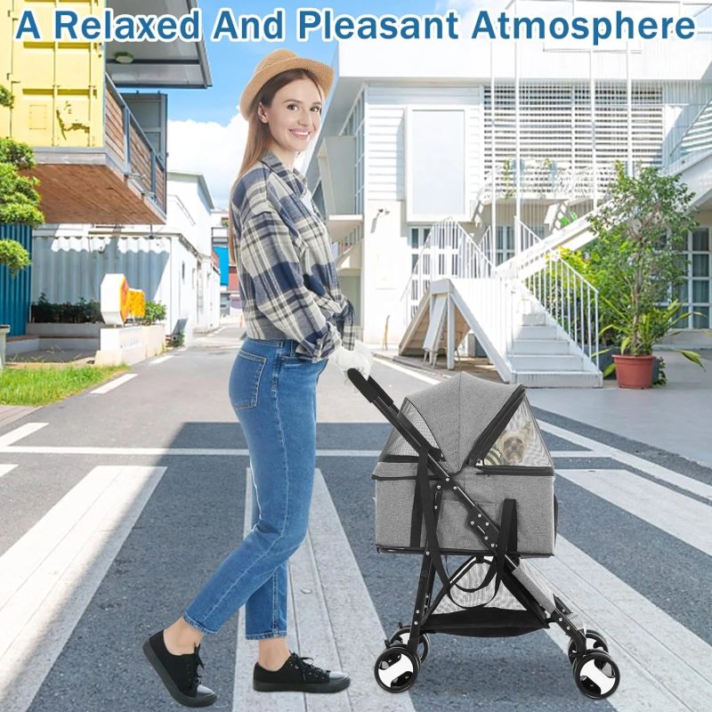 Dkeli 4 Wheels Dog Stroller Folding Pet Stroller Cat Stroller for Medium Dogs with Detachable Carrier, Grey - Image 7