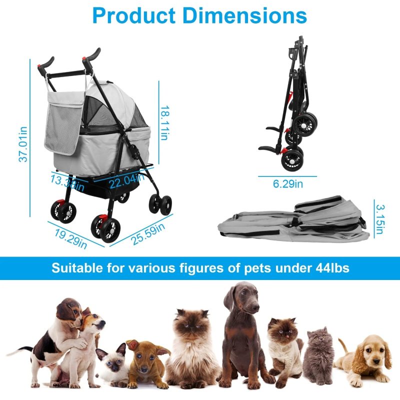 iMounTEK Pet Stroller with 4 Wheels, Outdoor Foldable Dog Cage Stroller with Removable Liner Storage Basket for Dog Cat, Gray - Image 4