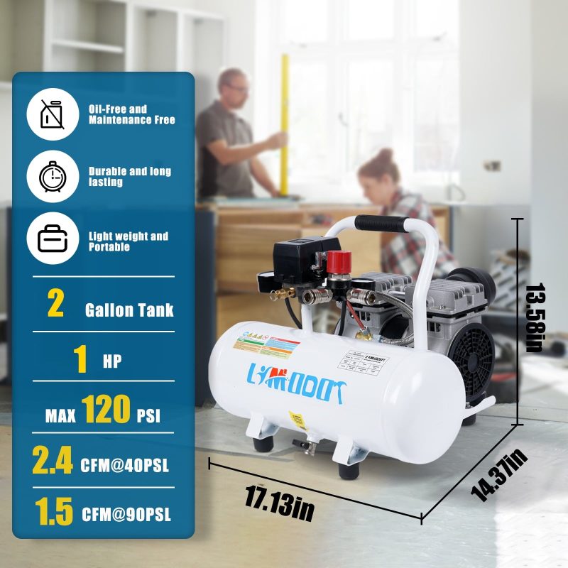 Limodot Air Compressor, Ultra Quiet Air Compressor, Only 60dB, 2 Gallon Air Tank, Dual Couplers Supports Two Users, Fast 20s Recovery, Oil-Free, Ideal For Shop, Garage, Car, Pneumatic Tools - Image 7