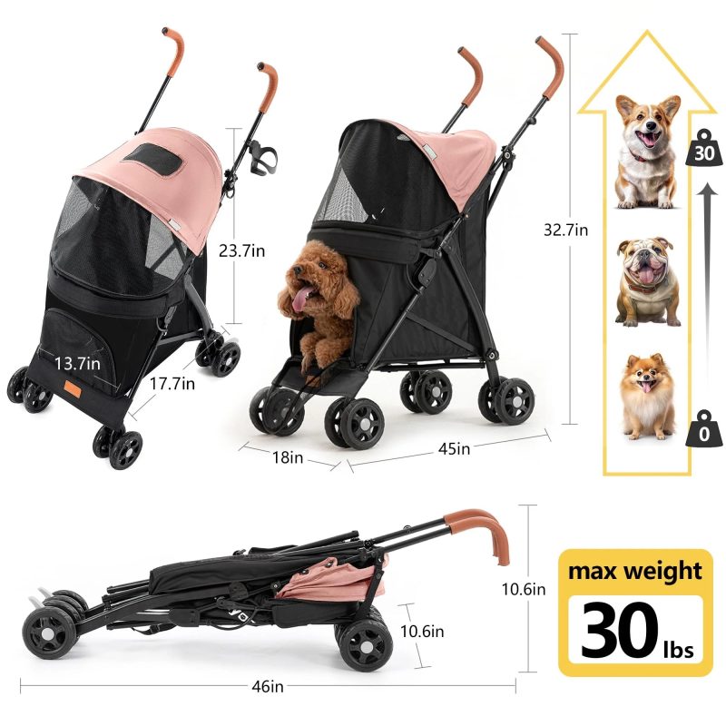 3 in 1 Folding Pet Dog Stroller, Dog Cat Stroller with Storage Basket and Cup Holder Portable Travel Carriage 4 Wheels for Small Medium Cats, Dogs and Puppy (Pink) - Image 3