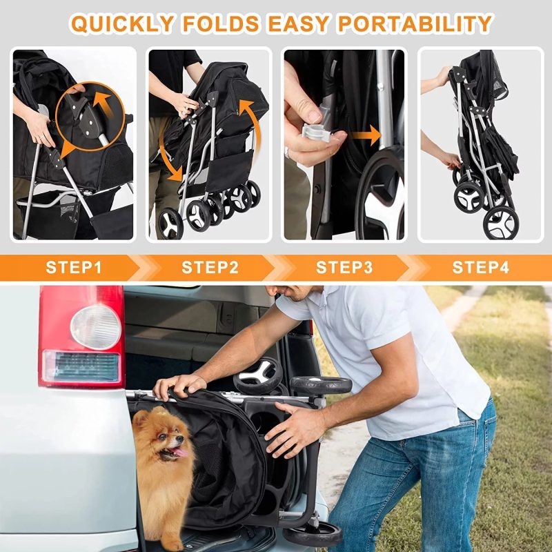 Pet Stroller 4 Wheels Dog Cat Stroller for Small Medium Dog Cats Carrier Jogger Travel Foldable Puppy Stroller with Storage Basket and Cup Holder - Image 3