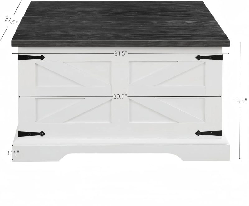 Farmhouse Coffee Table, Square Cocktail Table with Hidden Storage, Barn Panel Design and Hinged Lift Top, Center Table Decorated with Retro-Styled Metal Accents, White - Image 2