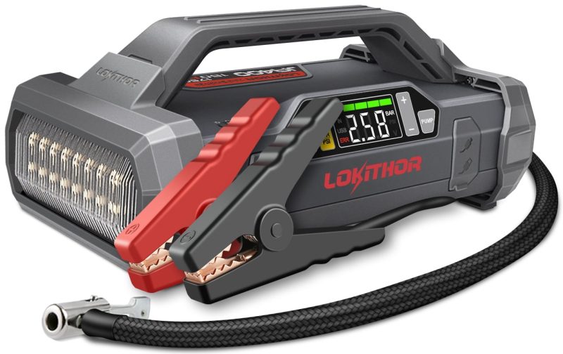 LOKITHOR JA400 1750A 12V Jump Starter with Air Compressor, 60W Two-Way Fast Charing, Lithium Battery Starter with 150PSI Digital Tire Inflator, Car Battery Booster for 7.5L Gas or 5.5L Diesel Engines