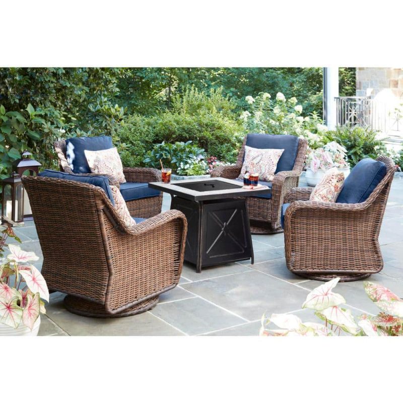 Hampton Bay Cambridge Brown Wicker Outdoor Patio Swivel Rocking Chair with CushionGuard Midnight Navy Blue Cushions 65-17148B4 - Image 2