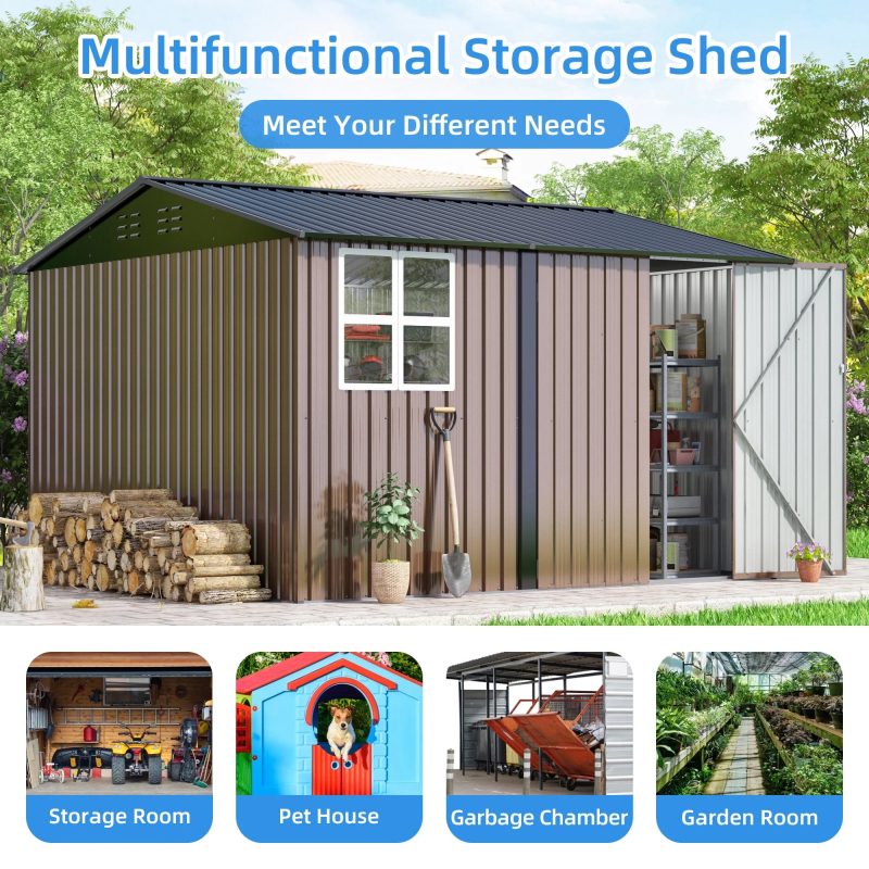 JAXPETY 10 x 10 ft Outdoor Metal Storage Shed with Window & Lockable Door for Garden, Backyard, Tool Storage Use, Brown - Image 9