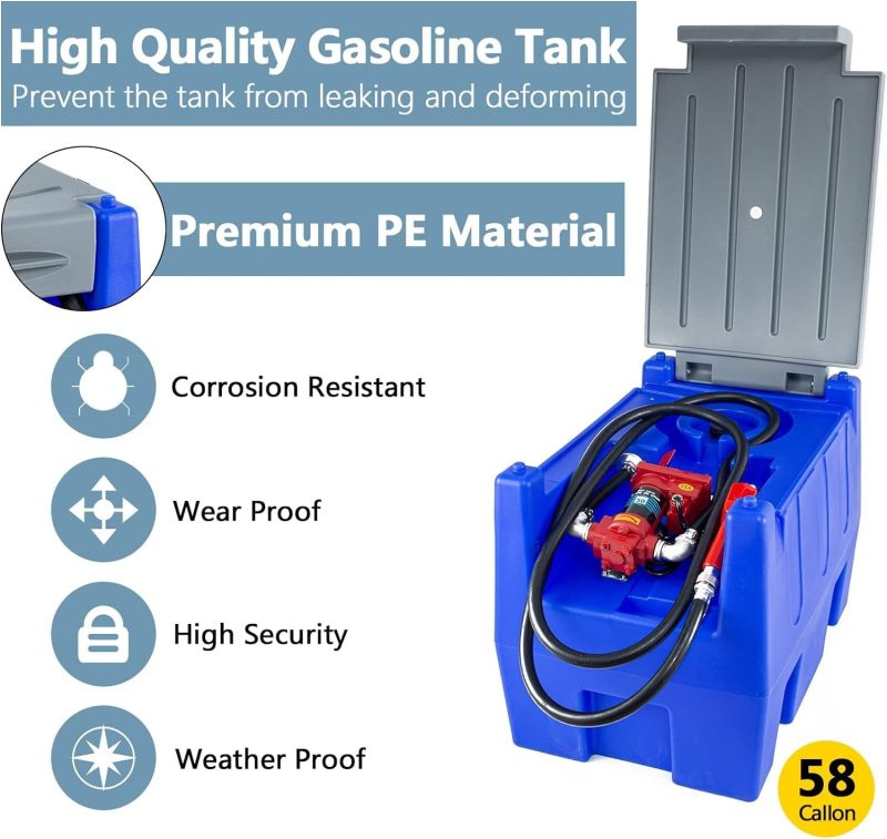 TECSPACE 58 Gallon Gasoline Tank, Portable Fuel Tank with 12V Electric Fuel Transfer Pump, 40 GPM Gasoline fuel Tank with 4 Meters Hose for Gasoline Transportation (Blue, 58 gal) - Image 2