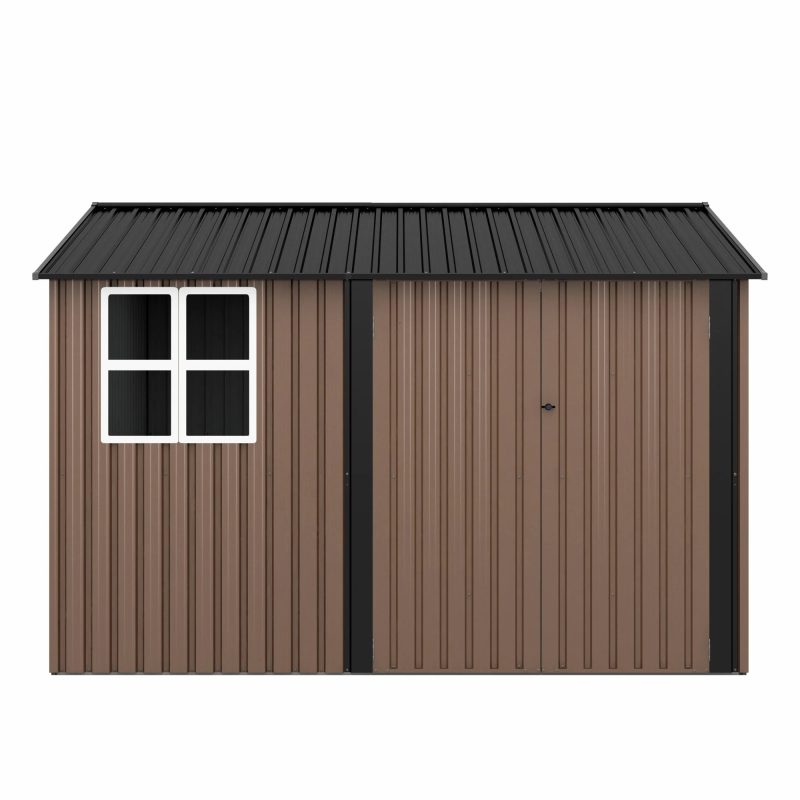 JAXPETY 10 x 10 ft Outdoor Metal Storage Shed with Window & Lockable Door for Garden, Backyard, Tool Storage Use, Brown - Image 15