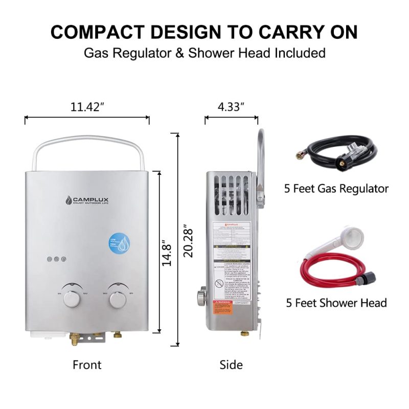 Small Portable Propane Water Heater, Camplux 1.32 GPM Outdoor Tankless Gas Water Heaters for Camping, 5L, Gray - Image 3