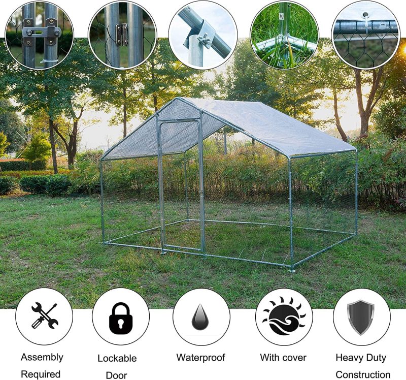 Phonjoroo Large Walk-in Metal Chicken Coop Poultry Cage Hen House Chicken House for Farm Up to 12 Chickens 10’ L x 6.6’ W x 6.6’ H w/Chicken Run Cover for Farm Home use (79.2'' H x 79.2'' W x 120'' D) - Image 4