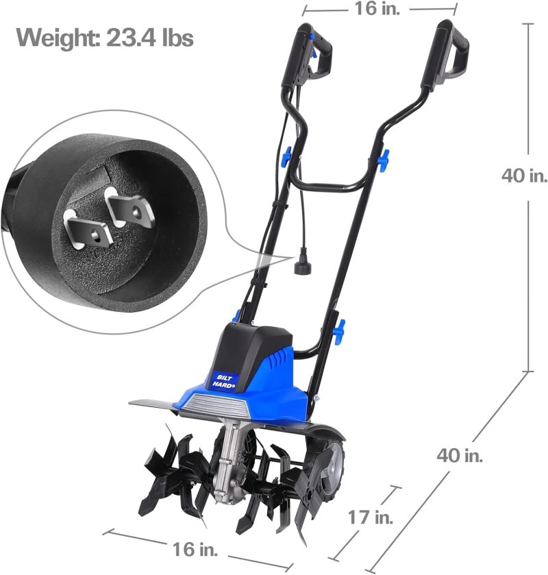 BILT HARD Tiller Cultivator 16 inch, 13.5 Amp 6 Steel Tines Electric Garden Rototiller with Adjustable Wheels - Image 3