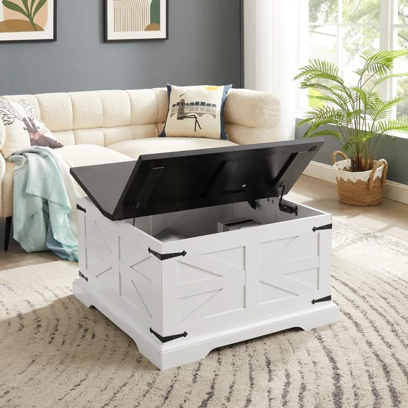 Farmhouse Coffee Table, Square Cocktail Table with Hidden Storage, Barn Panel Design and Hinged Lift Top, Center Table Decorated with Retro-Styled Metal Accents, White - Image 6