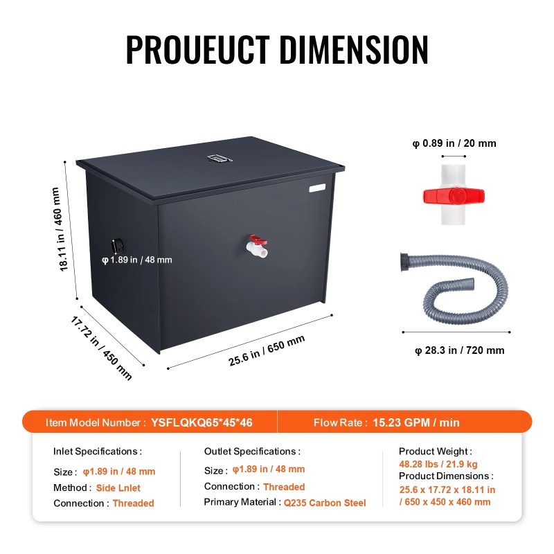 SKYSHALO Commercial Grease Interceptor 40LBS Trap Waste Carbon Steel Water Filter - Image 7