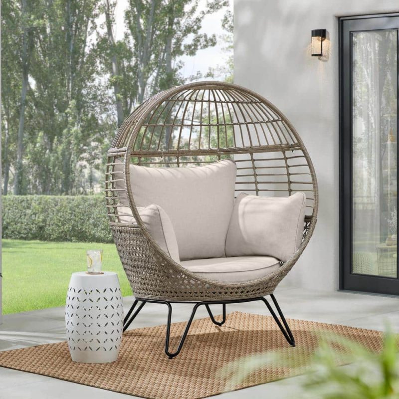 Hampton Bay Tan Stationary Wicker Round Outdoor Lounge Egg Chair with CushionGuard Almond Biscotti Cushions FRS51294M