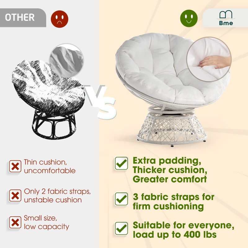 Bme Ergonomic Wicker Papasan Chair with Soft Thick Density Fabric Cushion, High Capacity Steel Frame, 360 Degree Swivel for Living, Bedroom, Reading Room, Lounge, Arctic Snow - White Base - Image 2