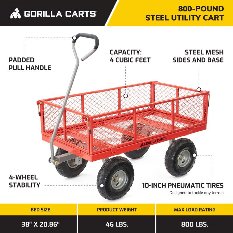 Gorilla Cart 800 Pound Capacity Heavy Duty Steel Mesh Utility Wagon Cart, Red - Image 7